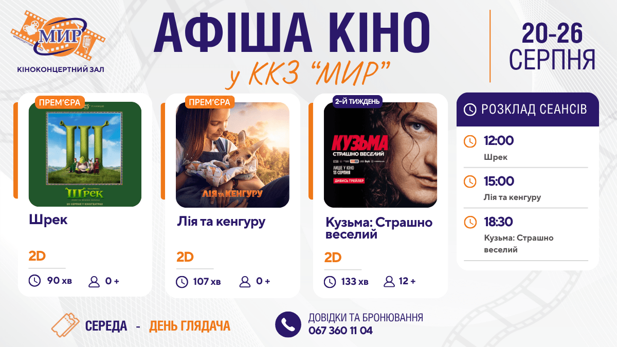 Кінотиждень у Кіноконцертному залі “МИР” з 20 по 26 серпня